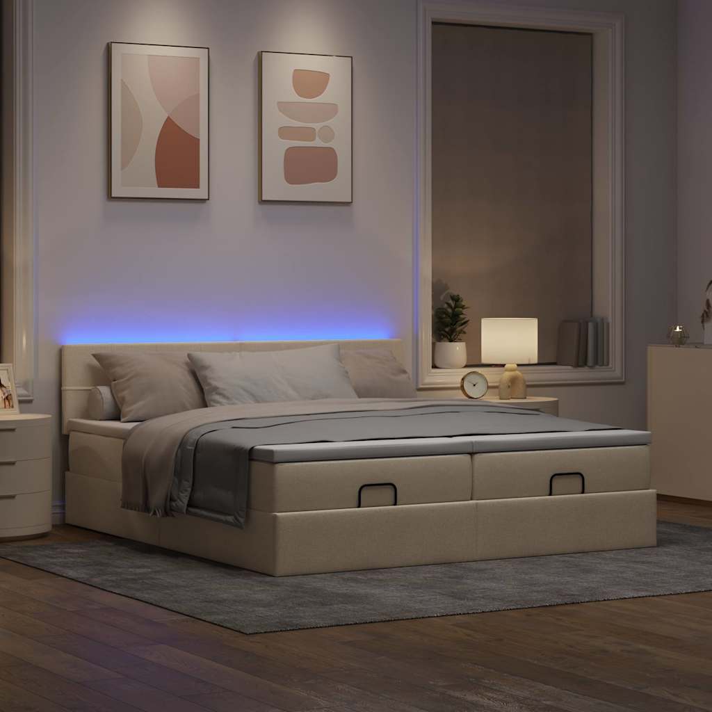 Ottoman bed frame with mattresses, cream, 200x200cm, fabric