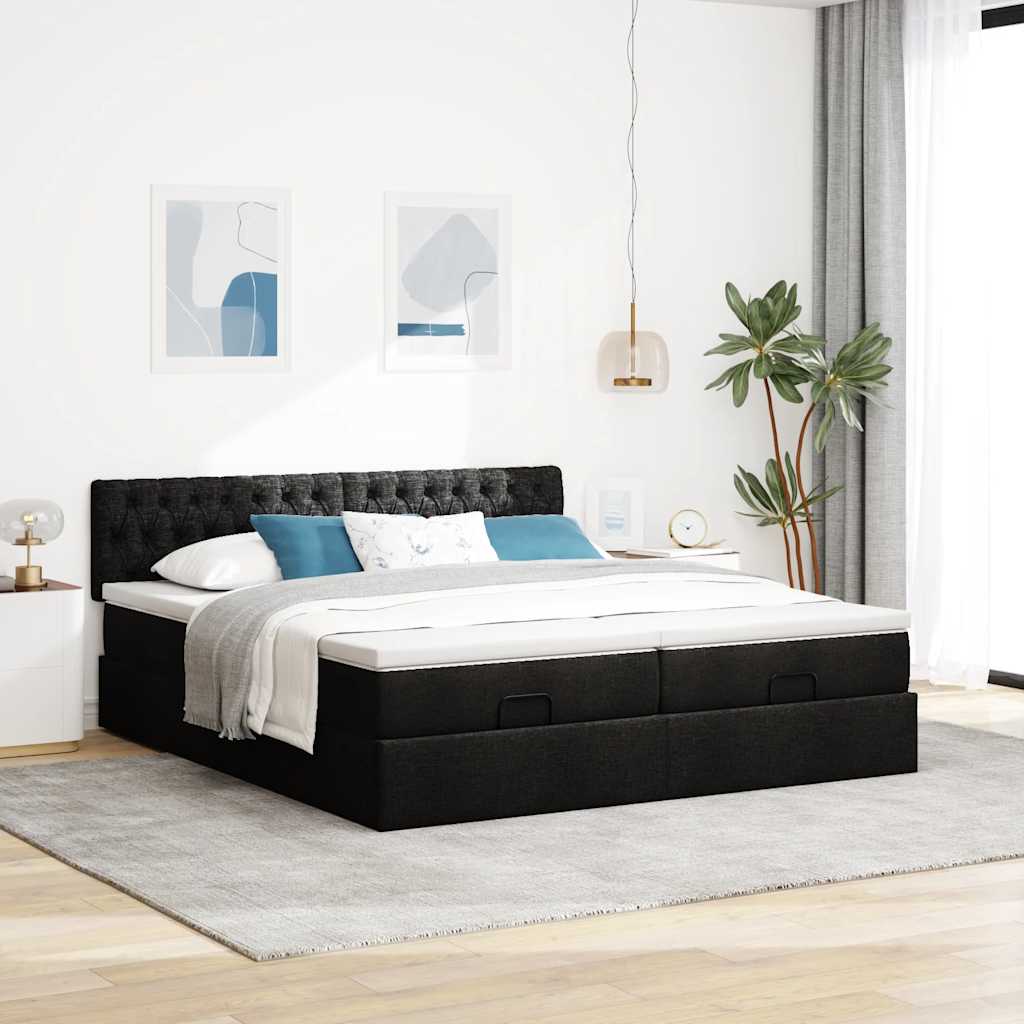 Ottoman bed frame with mattresses, black, 200x200cm, fabric