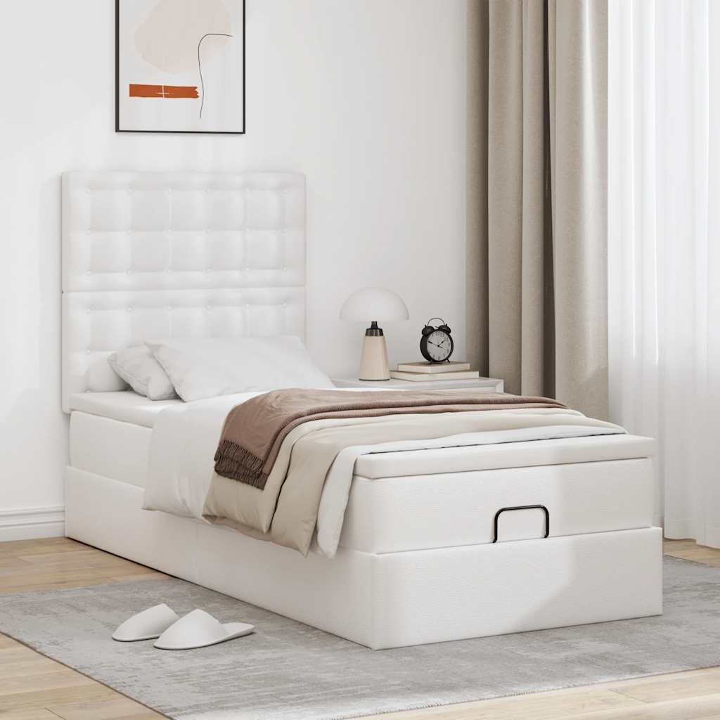 Ottoman bed frame with mattress, white, 80x200cm, faux leather
