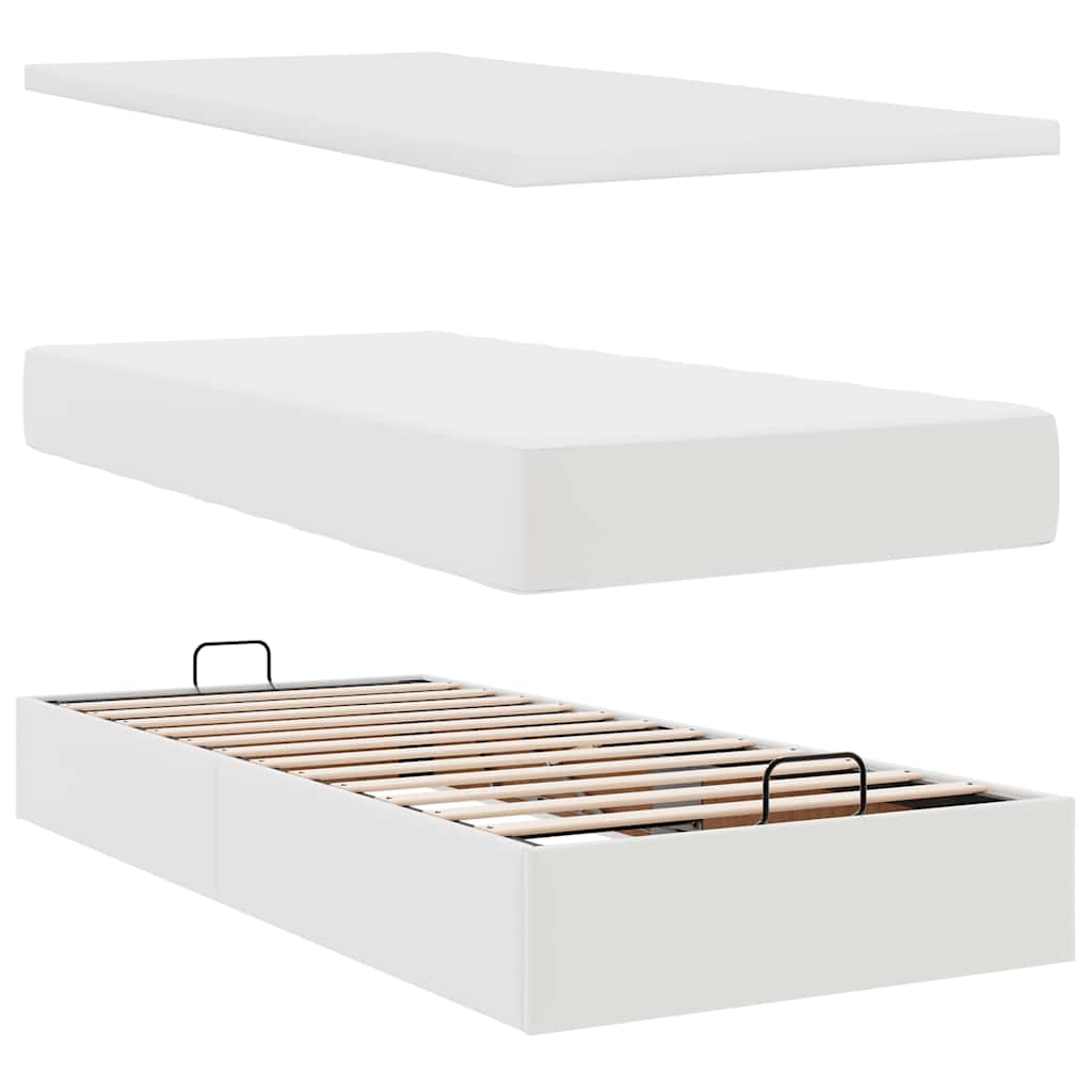 Ottoman bed frame with mattress, white, 80x200cm, faux leather