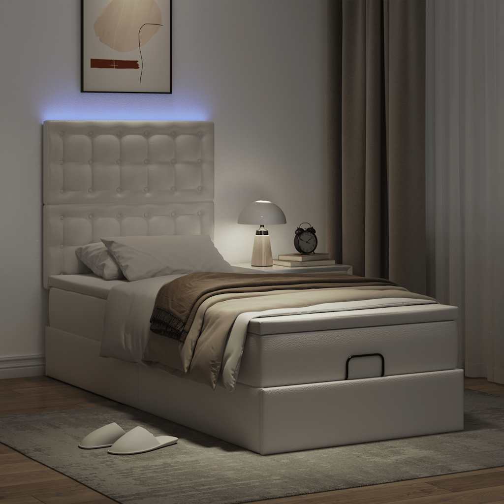 Ottoman bed frame with mattress, white, 80x200cm, faux leather