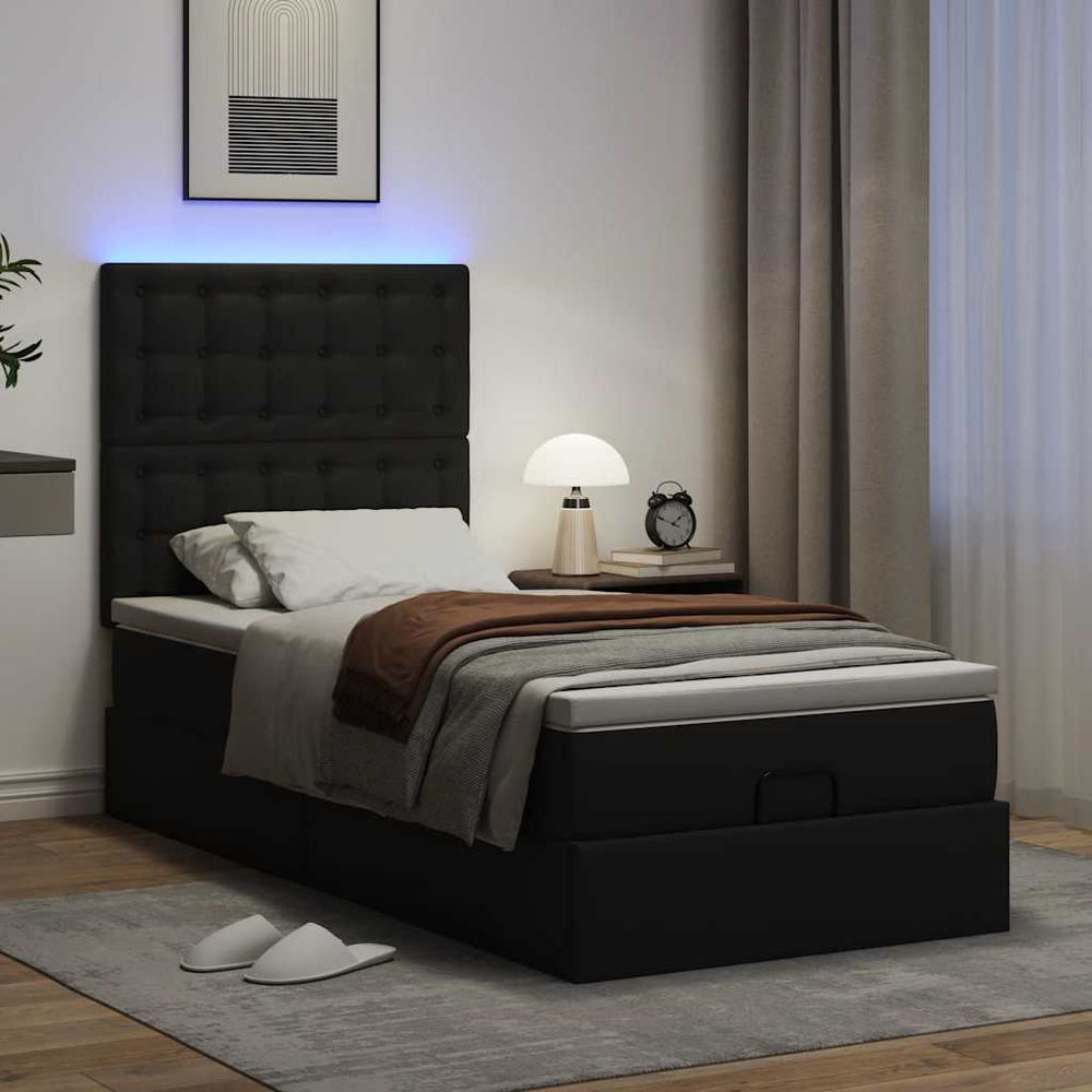 Osmanų lovos rėmas su čiužiniu, juoda, 90x190cm, dirbtinė oda