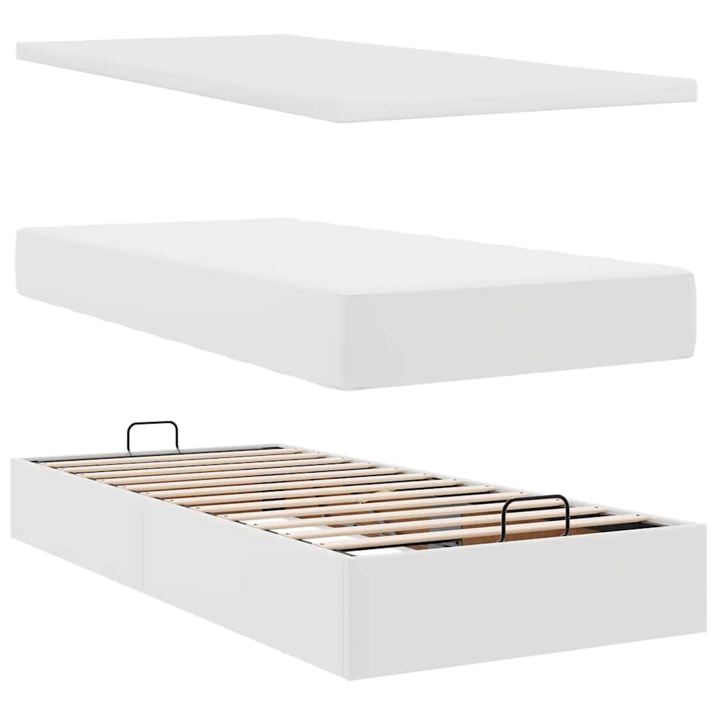 Ottoman bed frame with mattress, white, 90x200cm, faux leather
