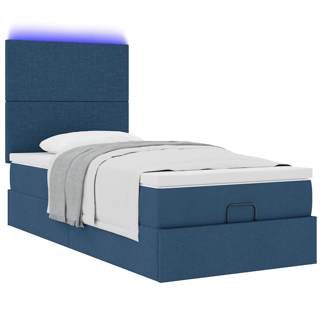 Ottoman bed frame with mattress, blue, 90x200cm, fabric
