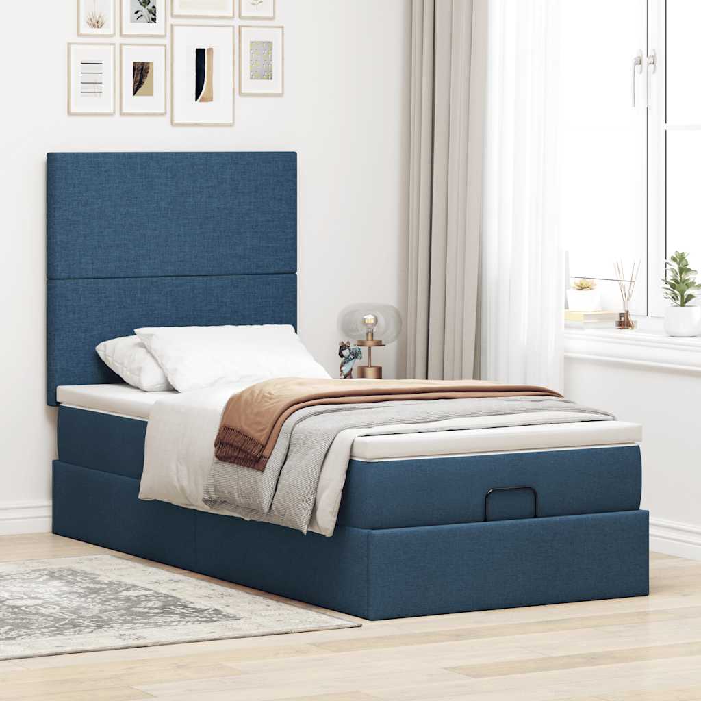 Ottoman bed frame with mattress, blue, 90x200cm, fabric