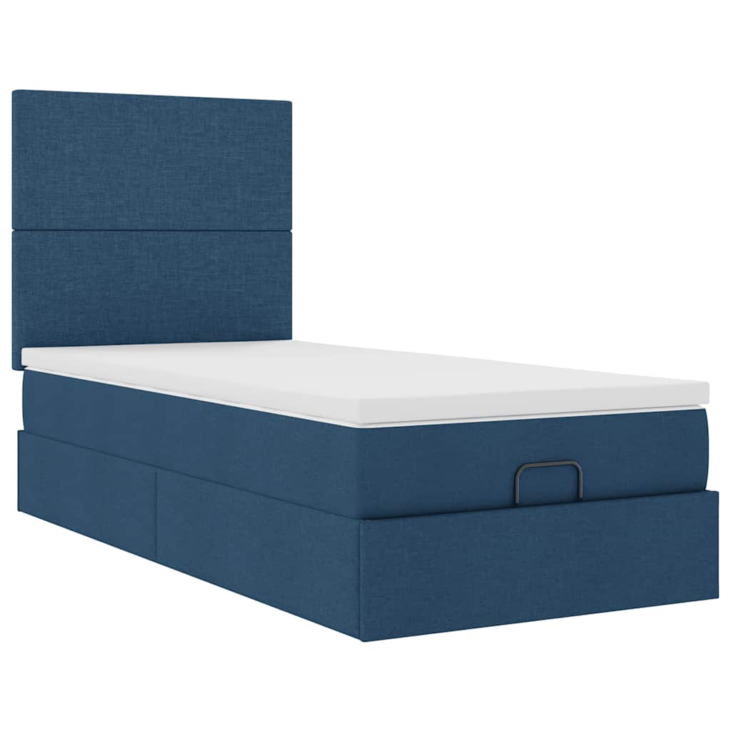 Ottoman bed frame with mattress, blue, 90x200cm, fabric