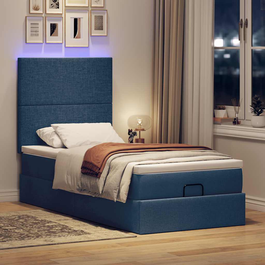 Ottoman bed frame with mattress, blue, 90x200cm, fabric
