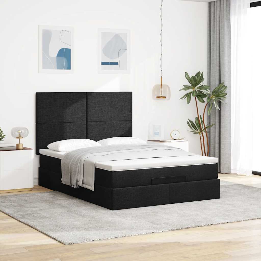 Ottoman Bed Frame with Mattress, Black, 140x200cm, Fabric