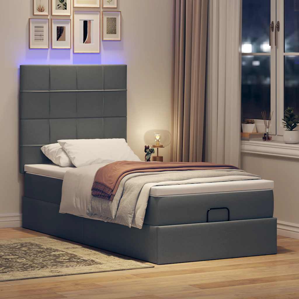 Ottoman bed frame with mattress, grey, 90x200cm, fabric