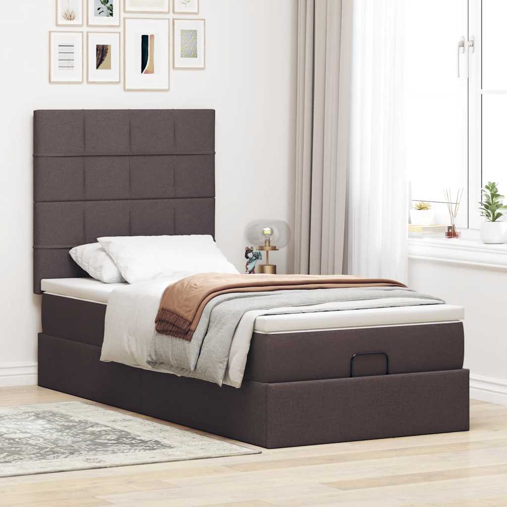 Ottoman bed frame with mattress, brown, 90x200cm, fabric