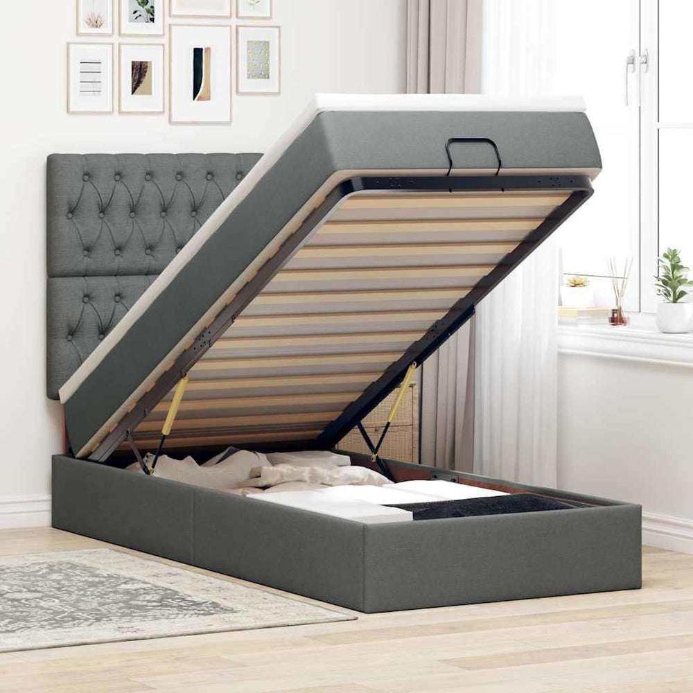 Osmanų lova su čiužiniu ir LED, tamsiai pilkas 90x200cm audinys