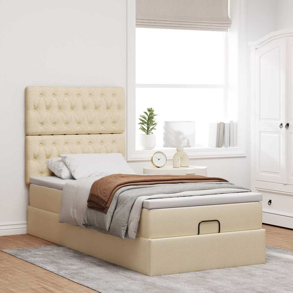 Ottoman bed frame with mattress, cream, 90x200cm, fabric