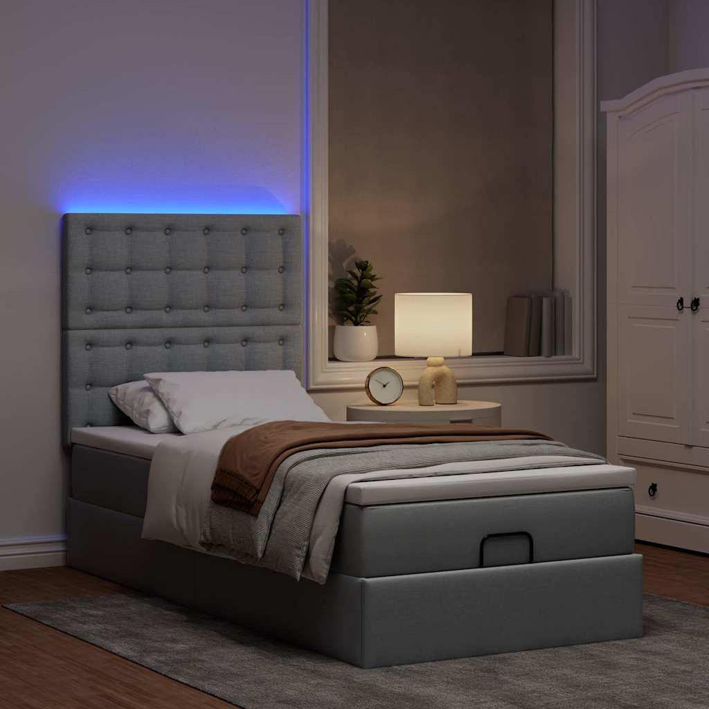 Osmanų lova su čiužiniu ir LED šviesiai pilkas 90x200cm audinys