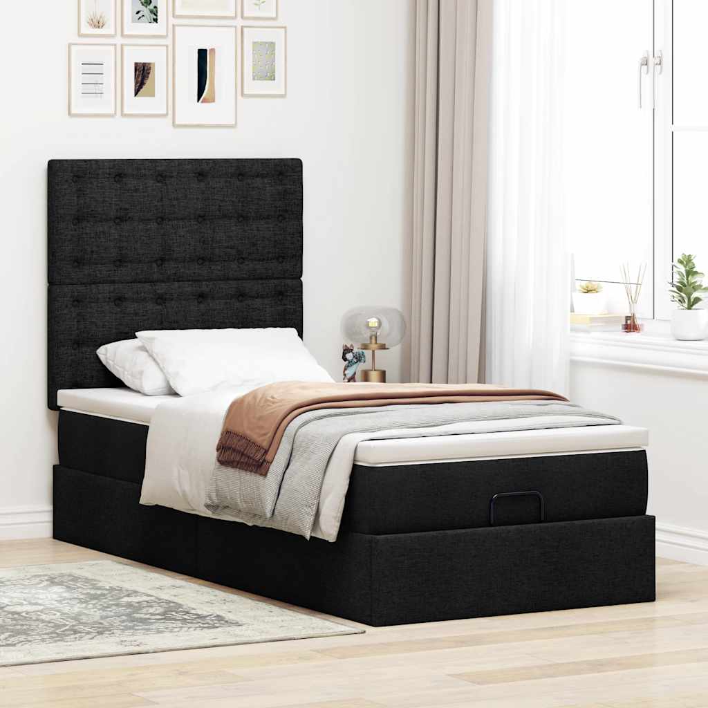 Ottoman bed frame with mattress, black, 90x200cm, fabric