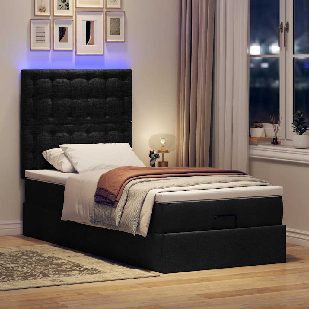 Ottoman bed frame with mattress, black, 90x200cm, fabric