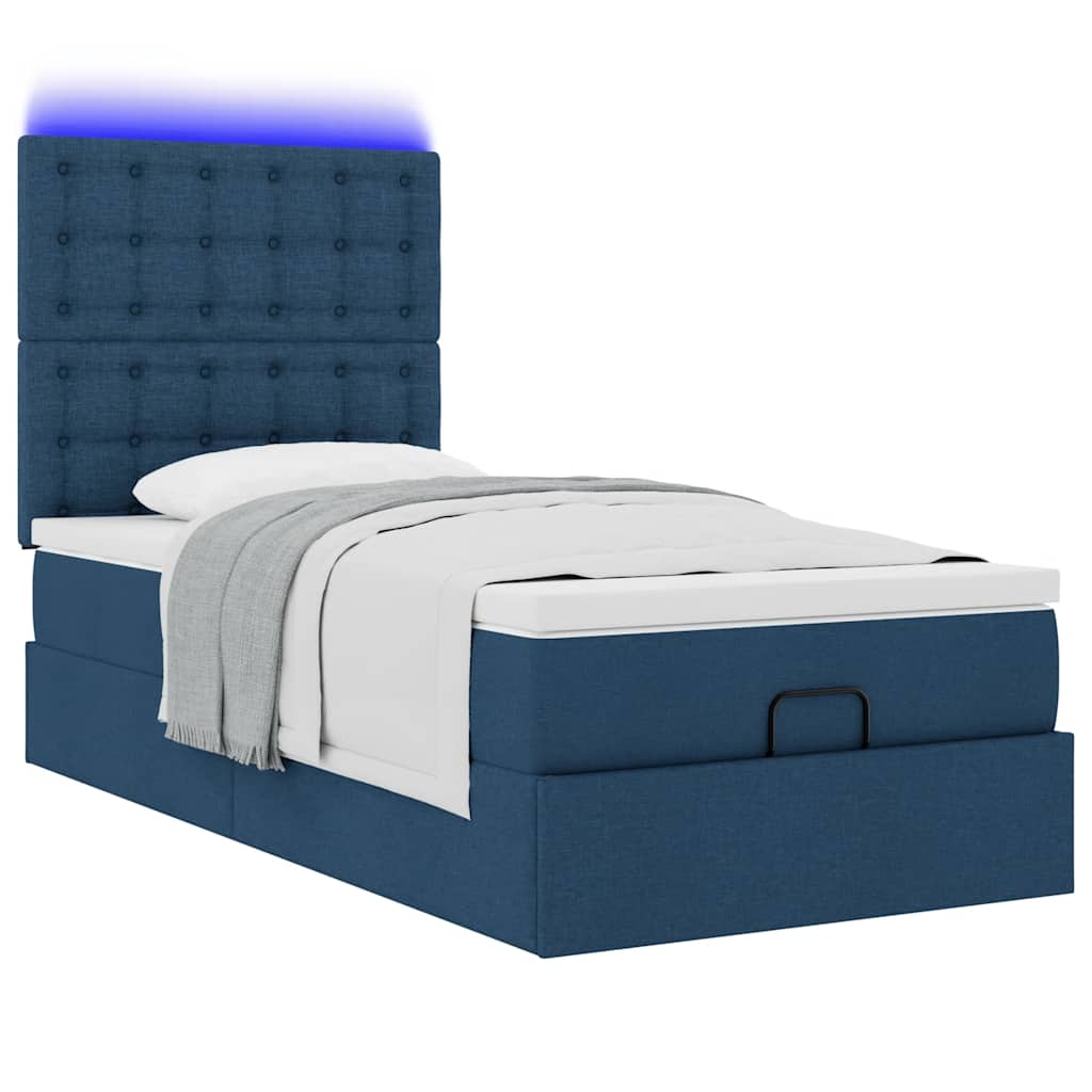 Ottoman bed frame with mattress, blue, 90x200cm, fabric
