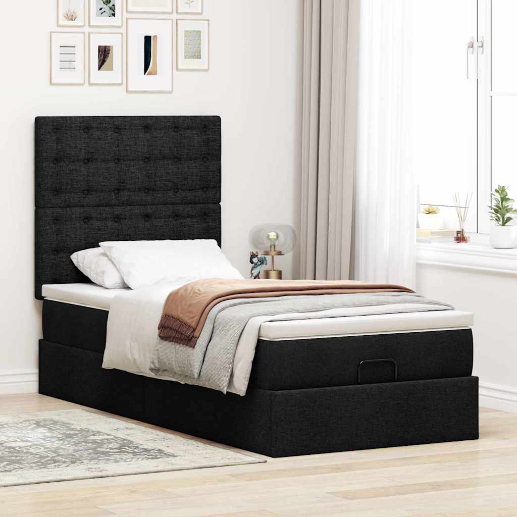 Ottoman bed frame with mattress, black, 100x200cm, fabric