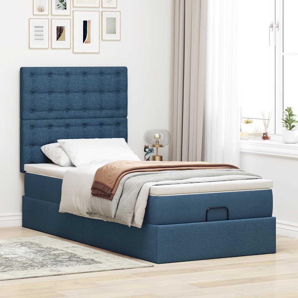 Ottoman bed frame with mattress, blue, 100x200cm, fabric