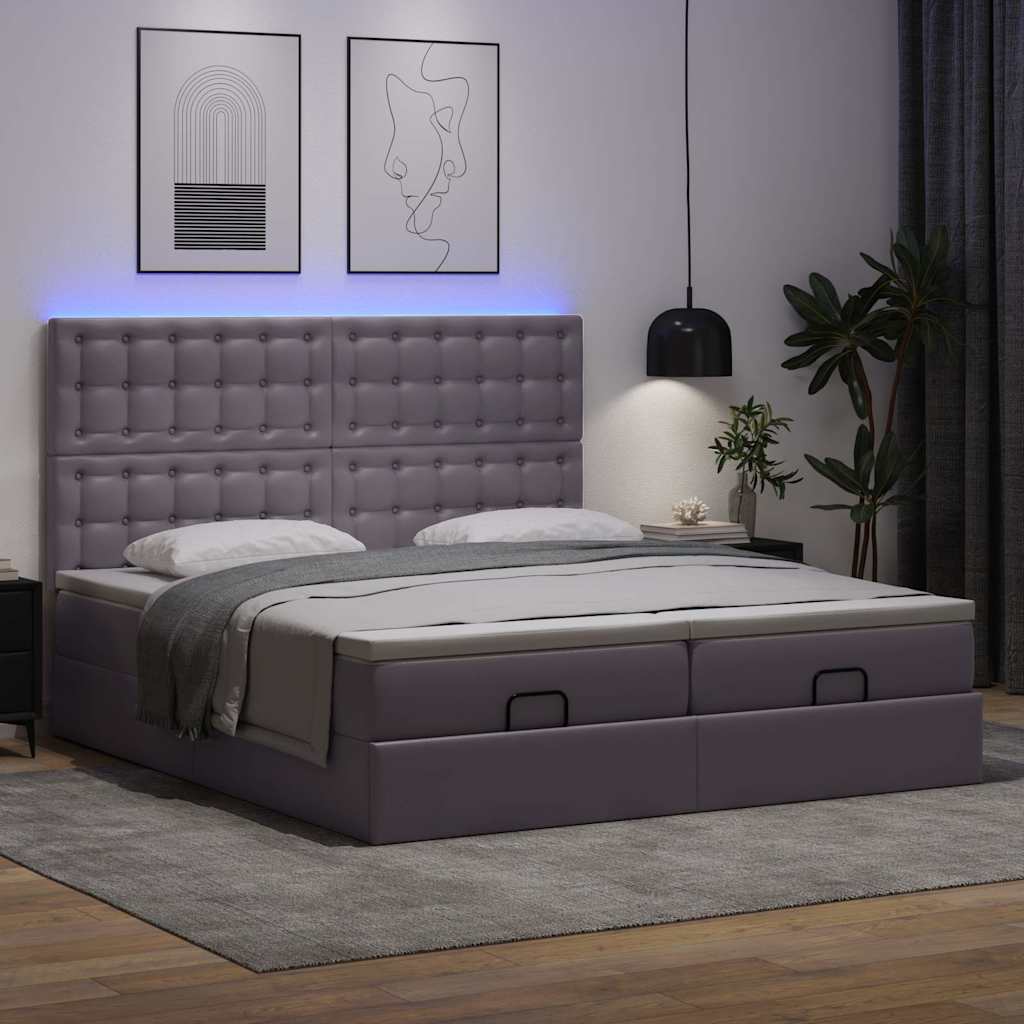 Otomāņu gulta ar matračiem un LED, pelēka, 160x200cm, mākslīgā āda