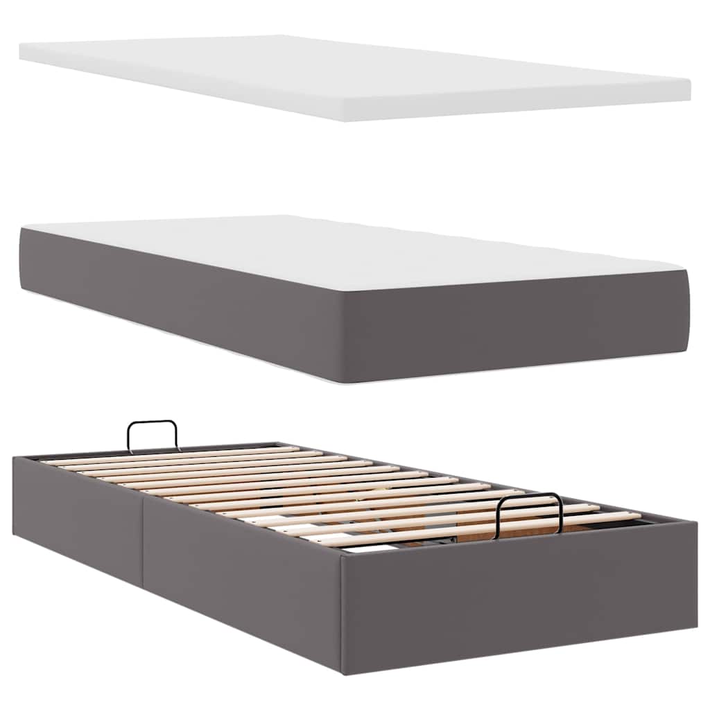 Otomāņu gulta ar matračiem un LED, pelēka, 160x200cm, mākslīgā āda