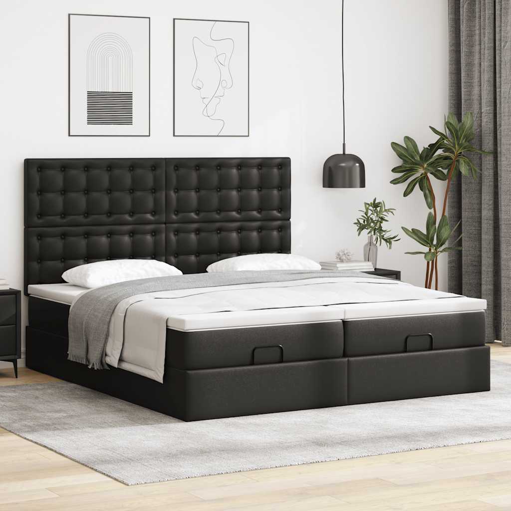 Ottoman bed frame with mattresses, black, 180x200cm, artificial leather