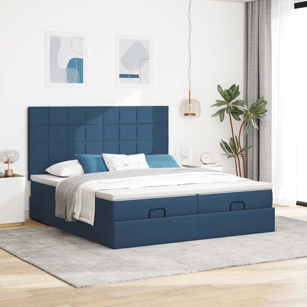 Ottoman bed frame with mattresses, blue, 180x200cm, fabric