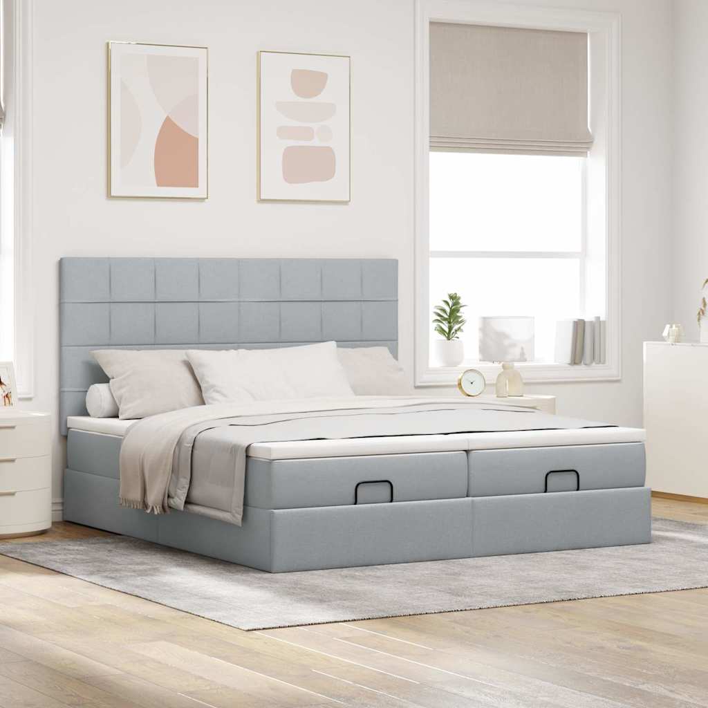 Ottoman bed frame with mattresses, gray, 200x200cm, fabric