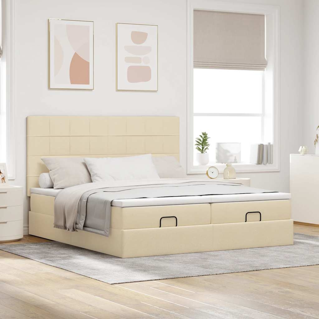 Ottoman bed frame with mattresses, cream, 200x200cm, fabric
