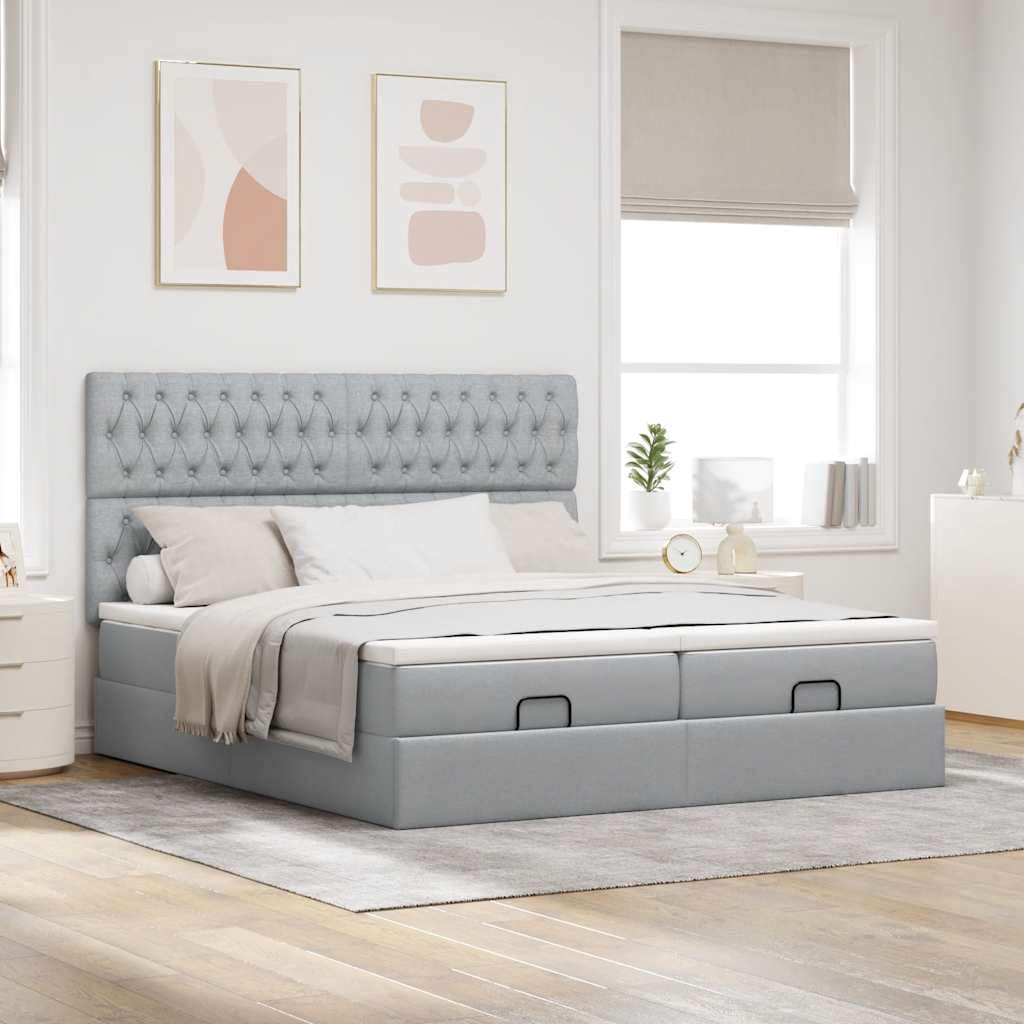 Ottoman bed frame with mattresses, gray, 200x200cm, fabric