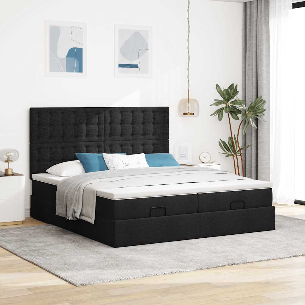 Osmaņu gultas rāmis ar matračiem, melns, 180x200cm, audums