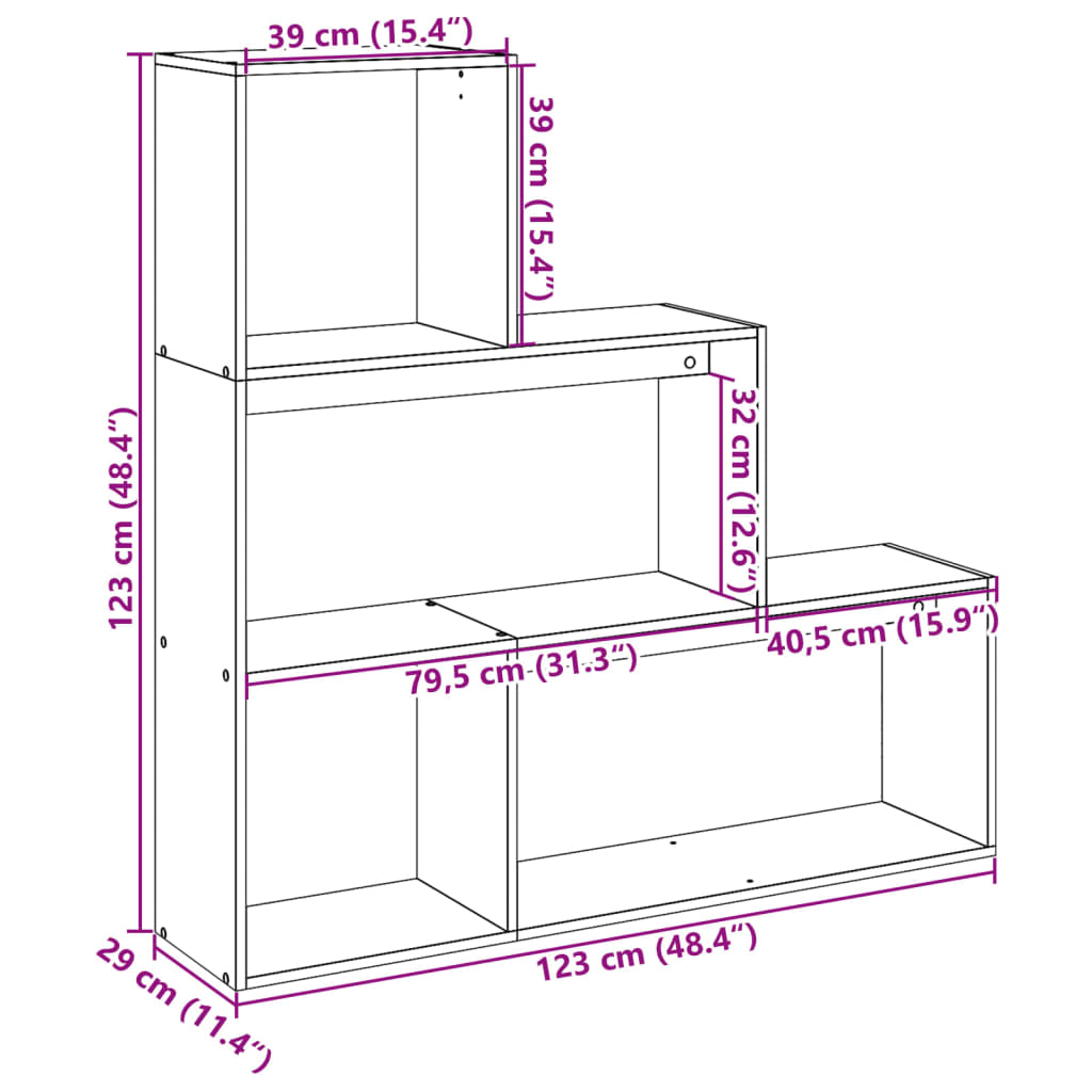Room divider/bookcase, 3-tier, grey, 123x29x123cm, wood