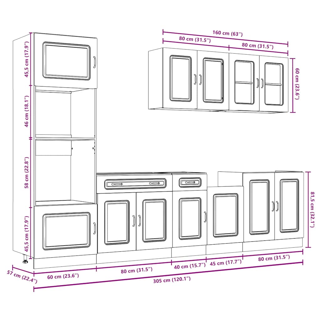 Kitchen cabinet set, 7 pieces, Kalmar, brown