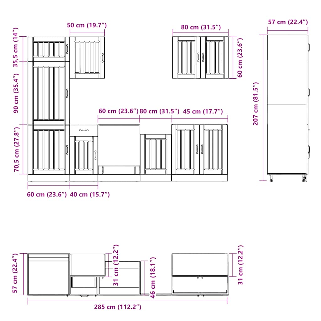 Virtuvinių spintelių komplektas, 7 dalių, Lucca, ąžuolo