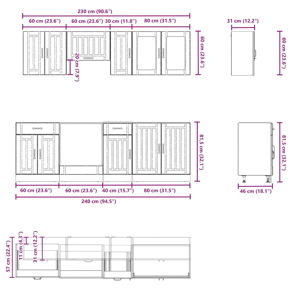 Virtuvinių spintelių komplektas, 8 dalių, Lucca, balta