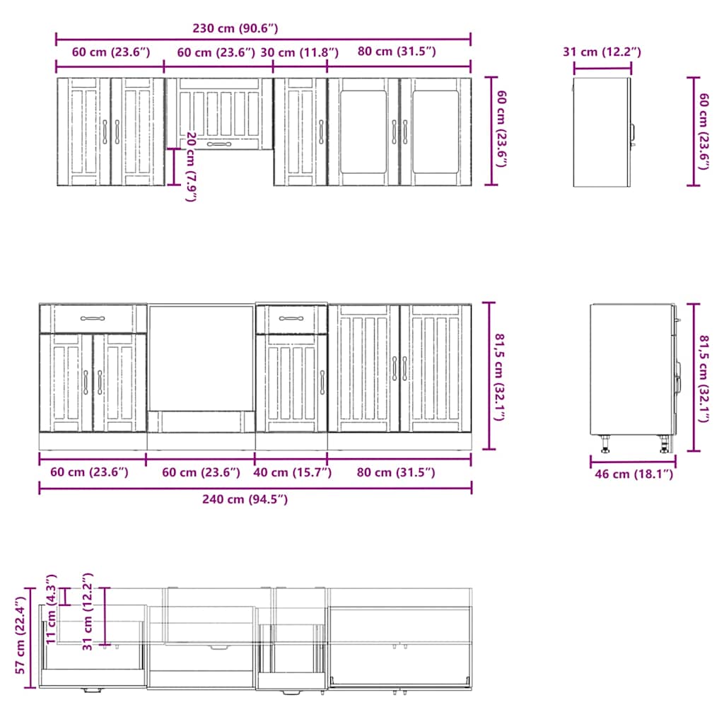 Virtuvinių spintelių komplektas, 8 dalių, Kalmar, artisano