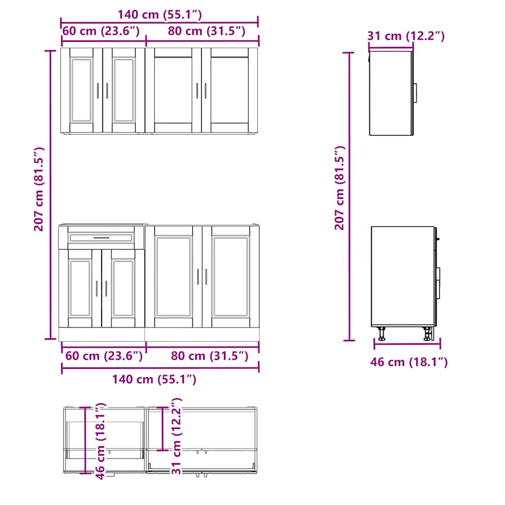 Kitchen cabinet set, 4 pieces, Kalmar, grey