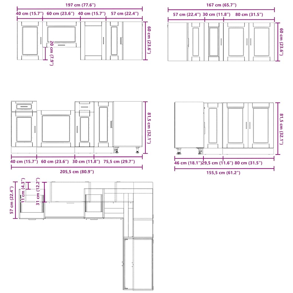 Kitchen cabinet set, 11 pieces, Porto, concrete grey