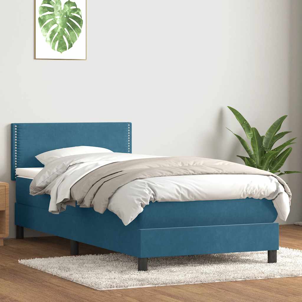 Bed with springs and mattress, blue, 80x210cm, velvet
