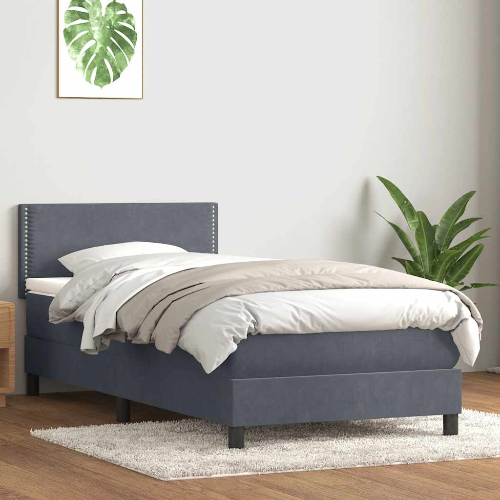 Gulta ar atsperēm un matraci, pelēka, 90x220 cm, samts