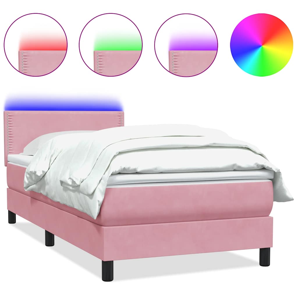 Bed with springs and mattress, pink, 90x220 cm, velvet