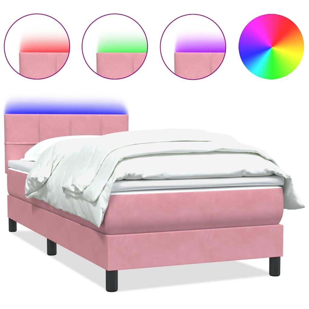 Bed with springs and mattress, pink, 90x210 cm, velvet