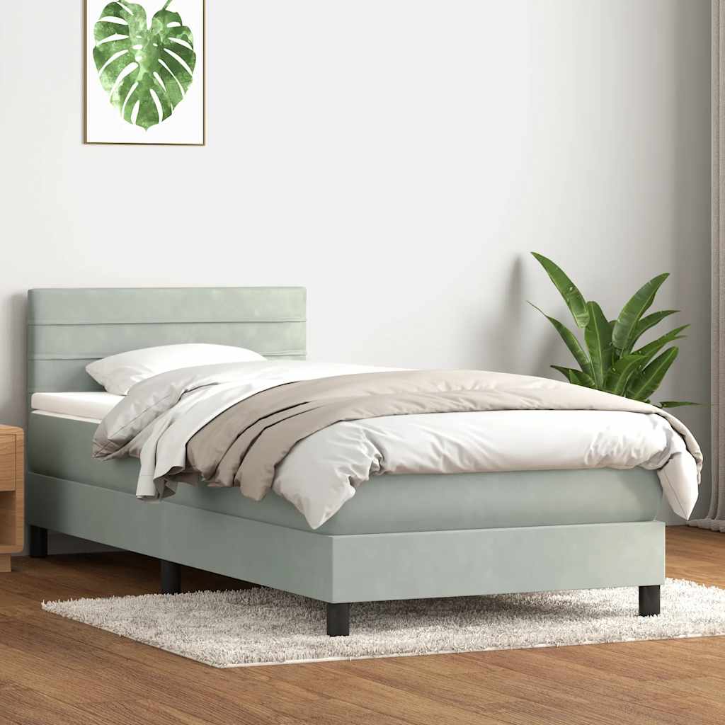 Gulta ar atsperēm un matraci, pelēka, 90x220 cm, samts