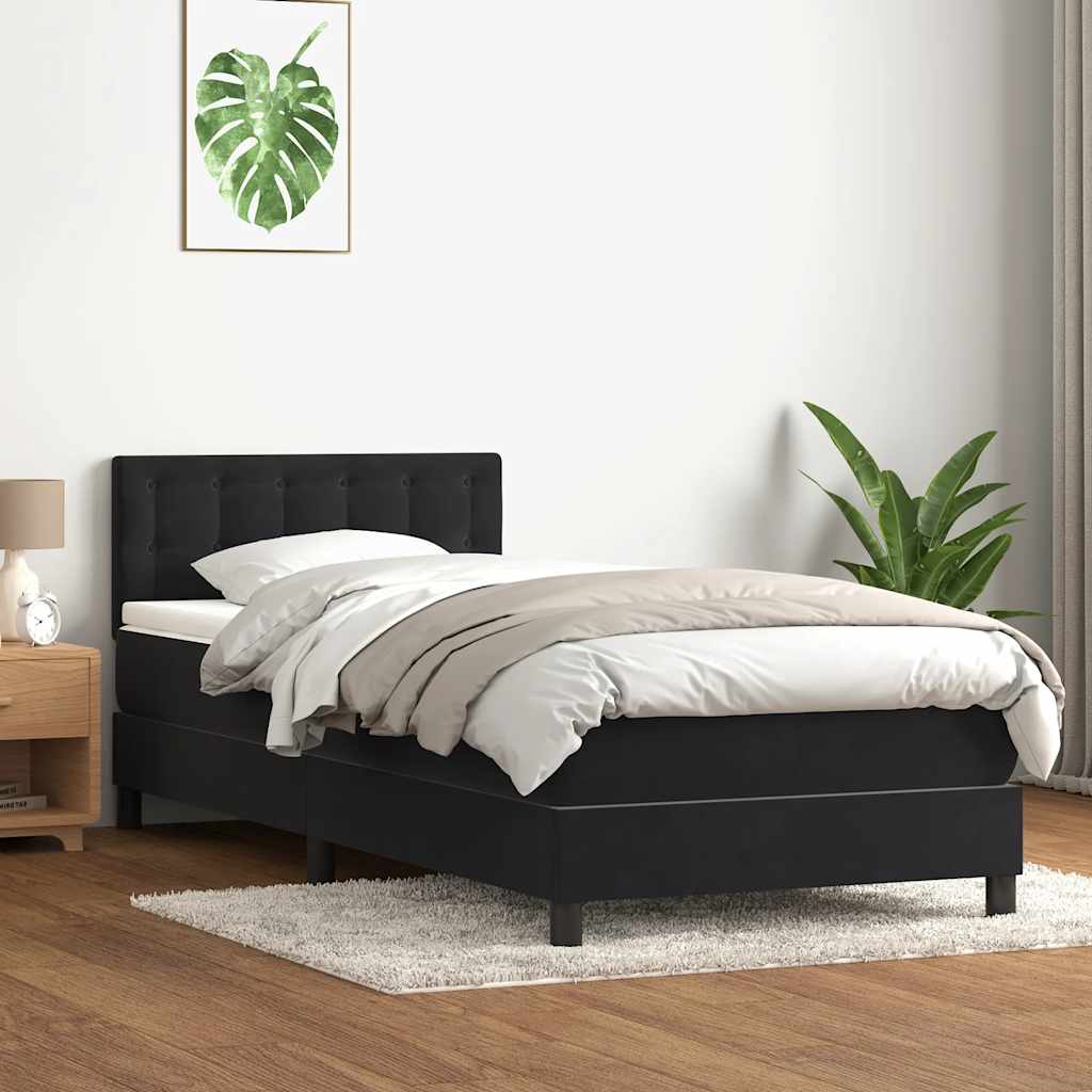 Bed with springs and mattress, black, 90x220 cm, velvet