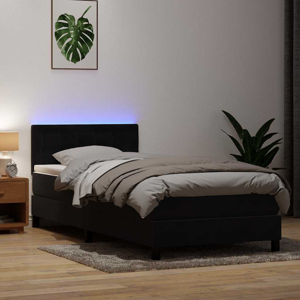 Bed with springs and mattress, black, 90x220 cm, velvet
