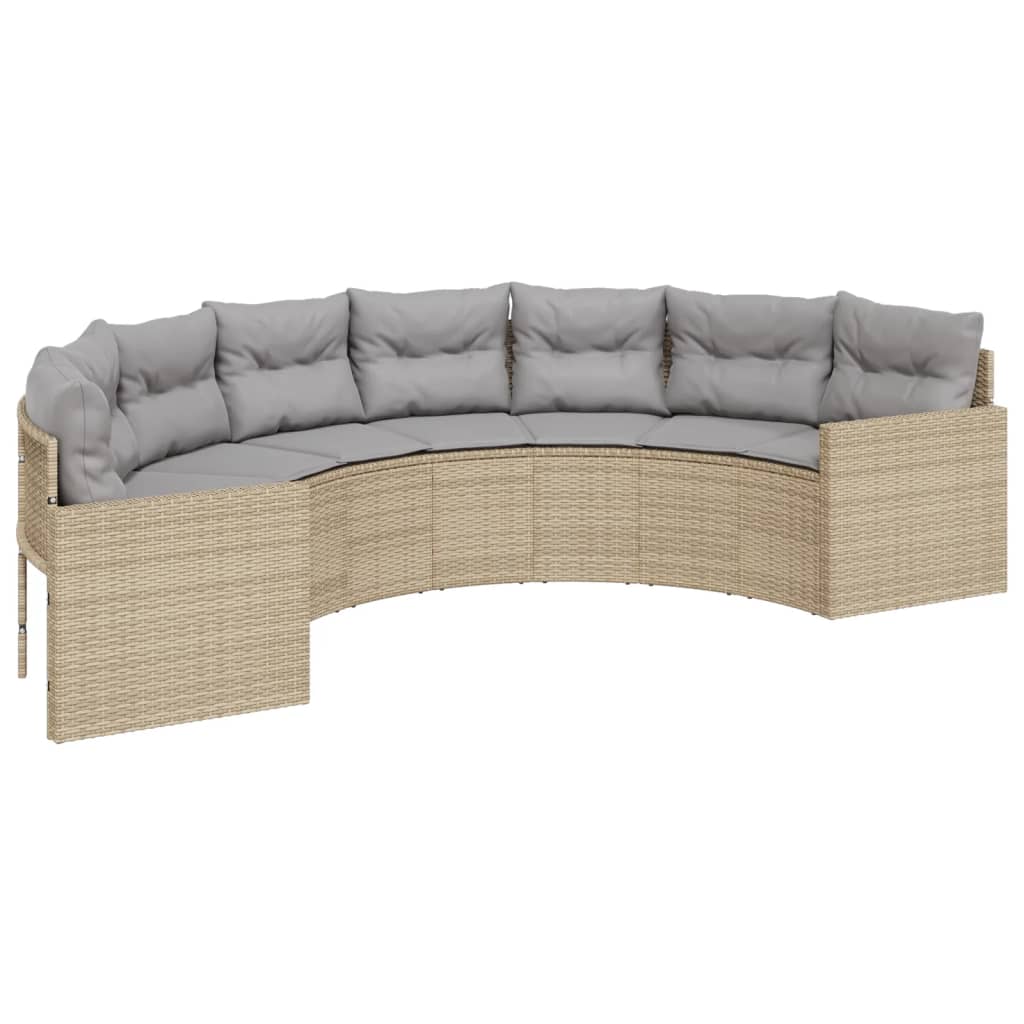 Sodo sofa su stalu/pagalvėlėmis, smėlio, poliratanas, pusapvalė