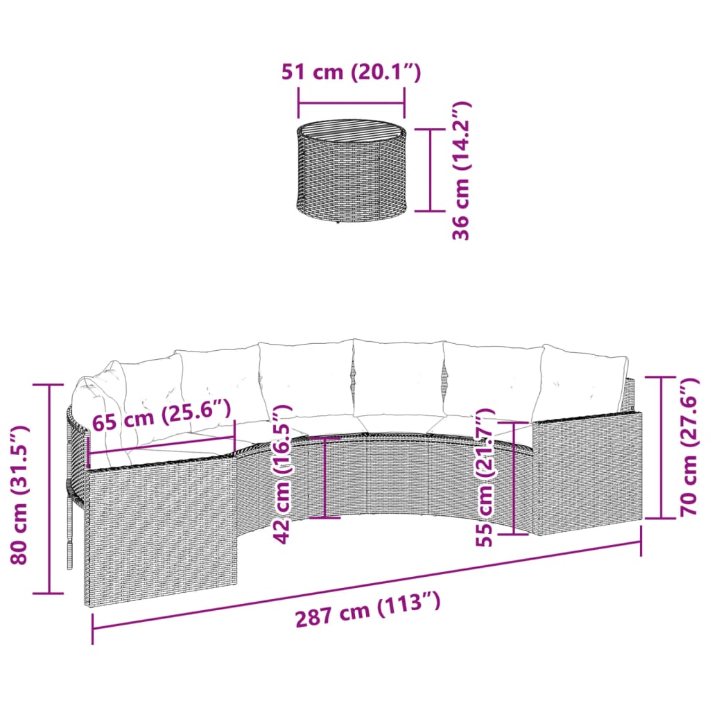 Sodo sofa su stalu/pagalvėlėmis, juoda, poliratanas, pusapvalė