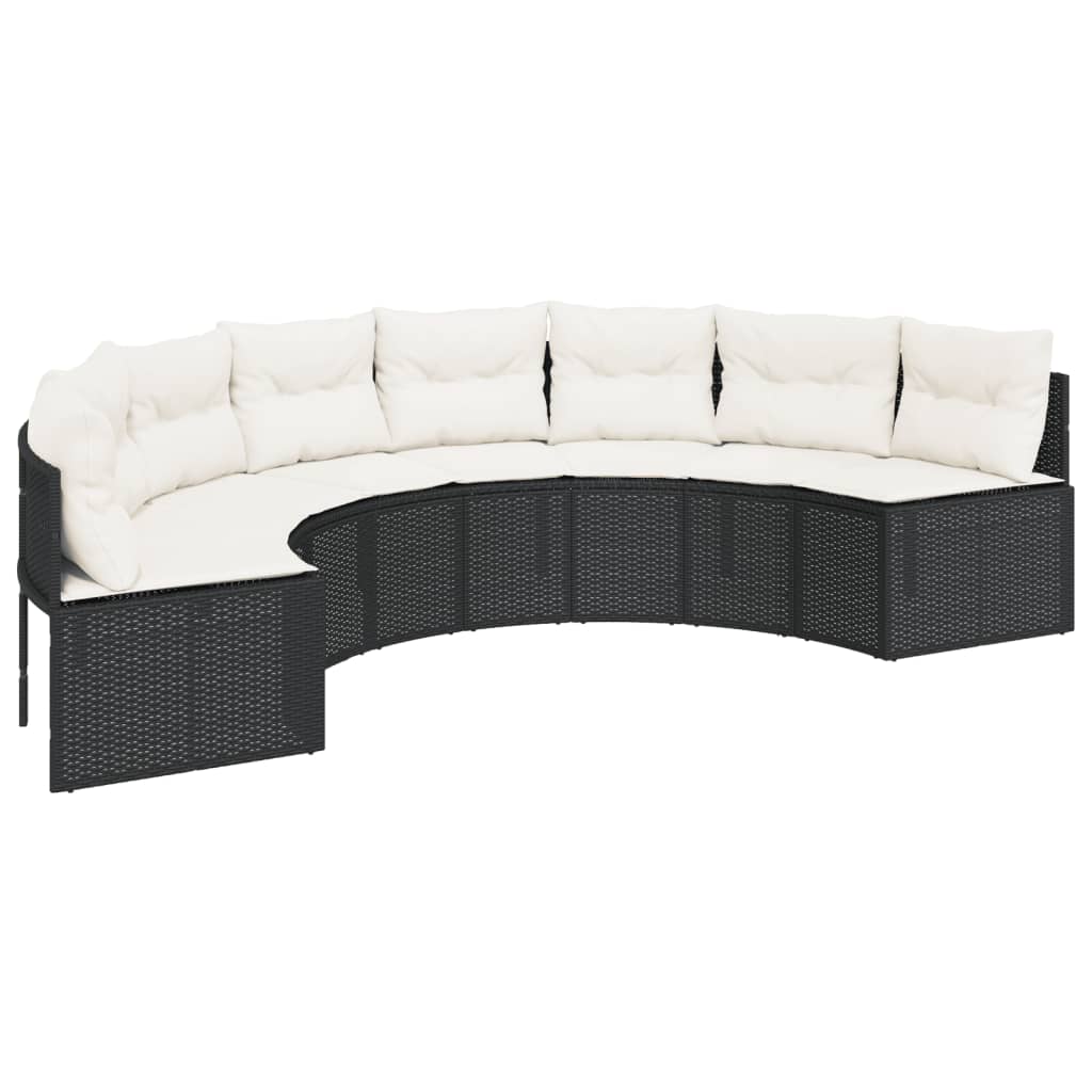Sodo sofa su stalu/pagalvėlėmis, juoda, poliratanas, pusapvalė