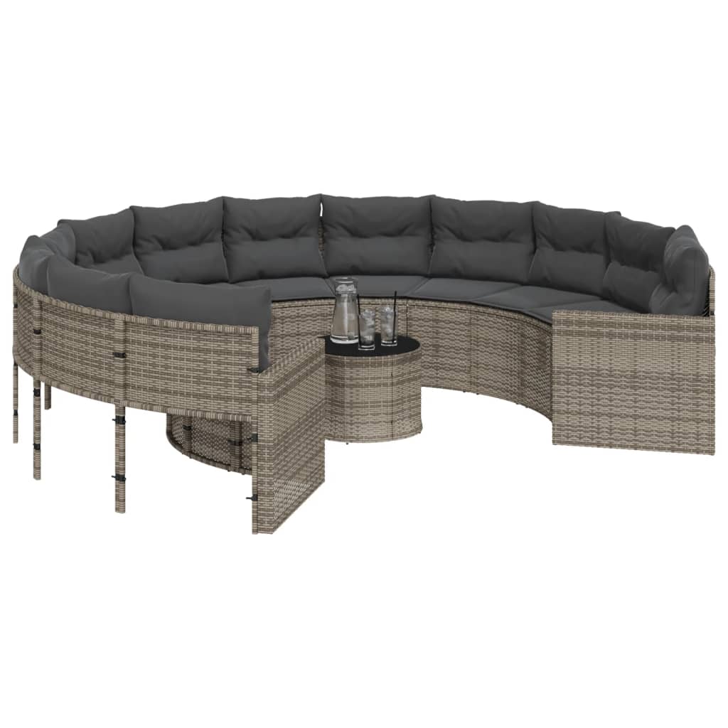 Sodo sofa su stalu/pagalvėlėmis, pilka, poliratanas, apvali