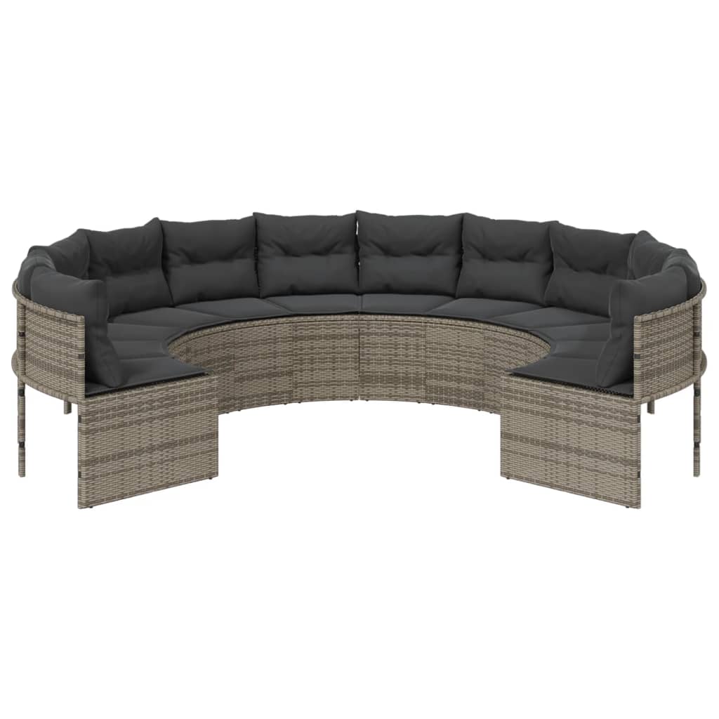 Garden sofa with cushions, gray, poly rattan, round