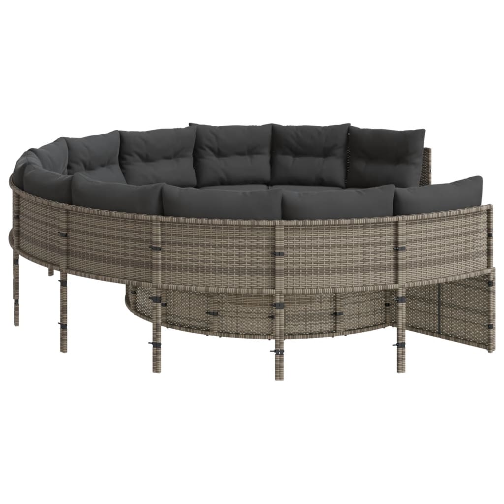 Garden sofa with cushions, gray, poly rattan, round